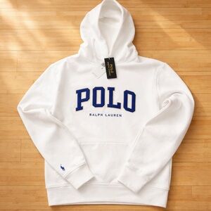 Polo Ralph Lauren White Felt Logo Hoodie – Blue Spellout